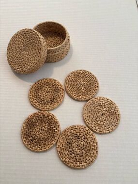 Woven Rattan Coasters with Matching Storage Box - Natural Tan